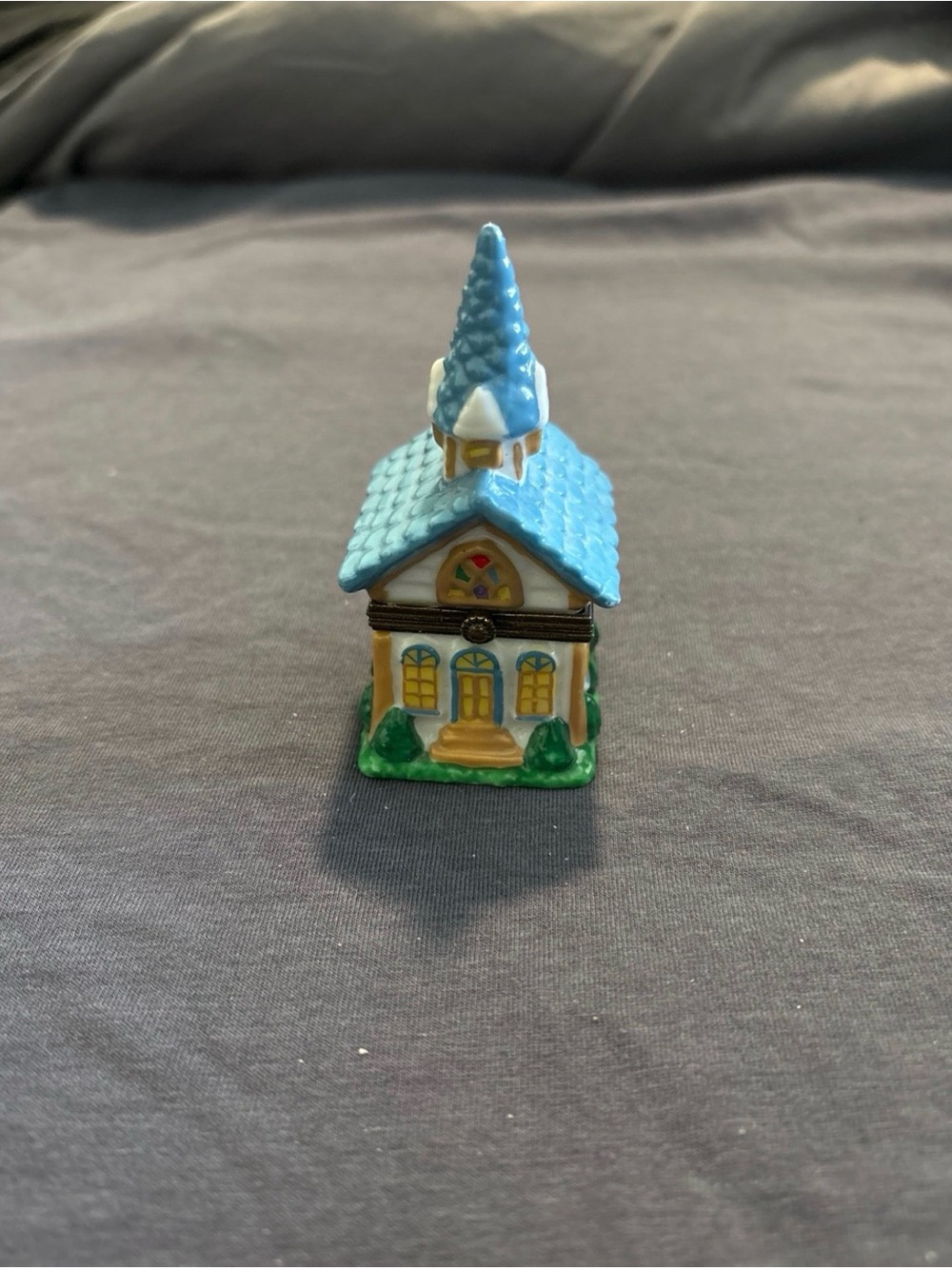 Miniature Ceramic Church Figurine with Blue Roof